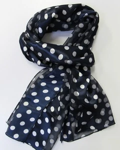 Women's Long Silk Feel Navy Blue & White Polka Dot Print Scarf NEW - Picture 1 of 3