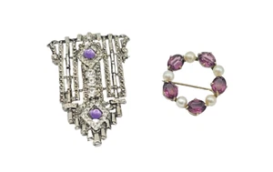 2 Silver-Plated & Gold-Filled CZ / Synthetic Amethyst &Imitation Pearl Brooch - Picture 1 of 5