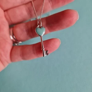 Tiffany & Co. Blue Enamel Heart Key Pendant 18 inches chain Necklace in Silver - Picture 1 of 11