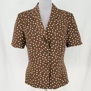 Le Suit Jacket Womens 14 Brown White Polka Dot Lined Blazer Buttons Career - Picture 1 of 13