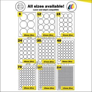 Round Self Adhesive circular A4 Laser or Inkjet printer labels. Circle Stickers - Picture 1 of 10