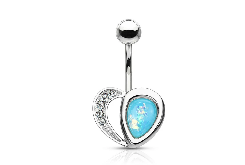 水晶铺面心形蛋白石闪光半腹扣肚脐环 — 第 1/1 张图片