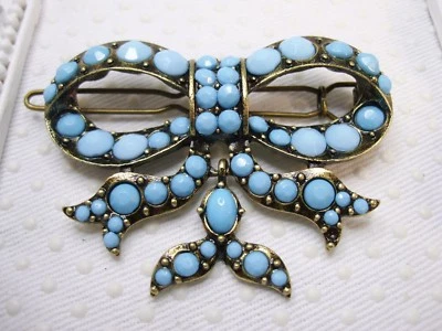 Art Deco Design Turquoise Color Rhinestone Bow Clip Large Barrette - Image 1 of 4