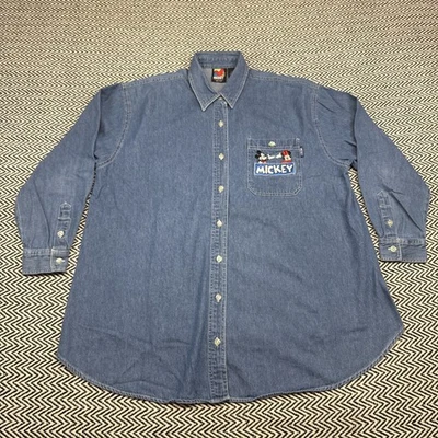Винтажная мужская футболка Y2K Mickey Unlimited средний размер джинсовая ткань на пуговицах с длинным рукавом карман - Изображение 1 из 4