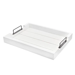 Rustic Wood Serving Tray (White); Wooden Farmhouse Shiplap Decorative Ottoman Tr - Picture 1 of 9