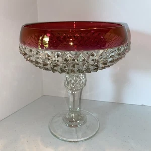 Vintage Indiana Glass Ruby Red Rim Diamond Point Candy Dish Compote Bowl - Picture 1 of 7