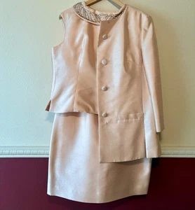 Vintage 1960s Silk Shantung Suit Couture Jacket Beaded Top Skirt Pink 28” Waist - Picture 1 of 18