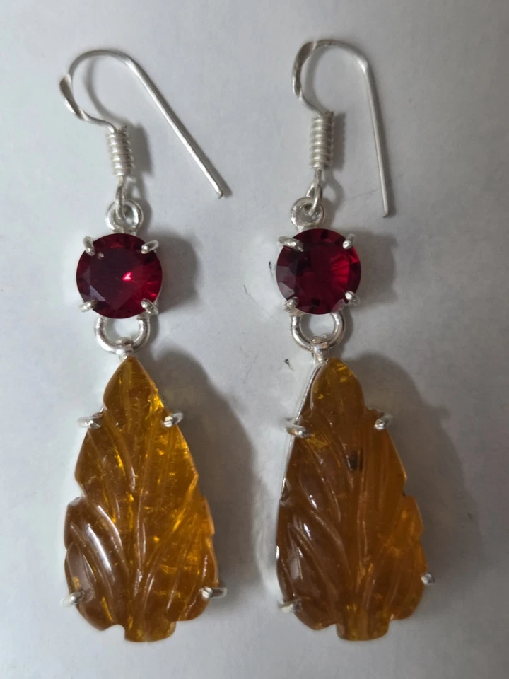 Neu 925 Sterling Silber  Bernstein Hängeohrrine mit 2 Echten Granate Länge 4,5cm - Bild 1 von 4