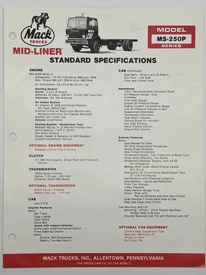 1983 MACK MS-250P 4-Wheel Diesel COE Tractor Truck Specifications Specs Brochure - Image 1 of 2