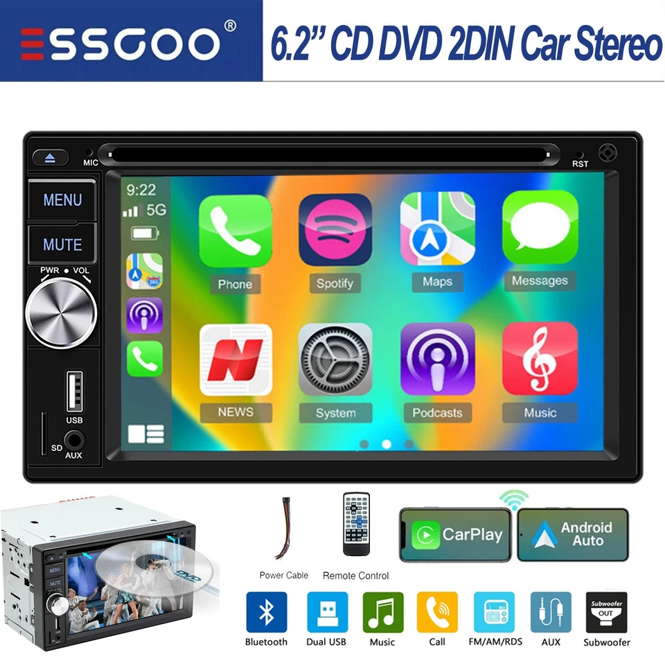 6.2 Inch Car Stereo Double 2DIN Carplay DVD CD Android Auto Head Unit AUX USB BT - Image 1 of 4