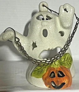 Candelabro colgante vintage Halloween fantasma en cadenas linterna cerámica con raspado - Imagen 1 de 3