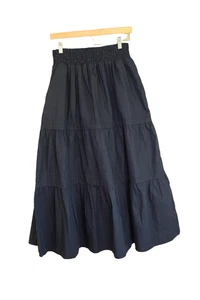 Quince Skirt Womens Small Navy Blue Tiered Poplin Organic Cotton Pull On Maxi - Picture 1 of 5