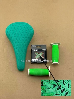 SILLÍN DE BICICLETA BMX COSIDO DIAMANTE VERDE CON CADENA BMX KMC Y EMPUÑADURAS ESTILO HONGO.  Foto 1 de 4