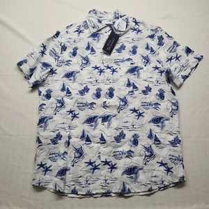 NEW Vineyard Vines Linen Shirt Mens Medium White Harbour Icons Hawaiian Tropical - Picture 1 of 11