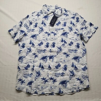 NEW Vineyard Vines Linen Shirt Mens Medium White Harbour Icons Hawaiian Tropical - Image 1 of 4