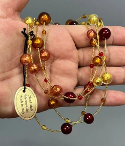 MURANO GLASS Gold-Amber-Red Glass Bead Long Necklace-Hand Made in Italy-50"-45g - Picture 1 of 11