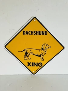 Dachshund Xing Dog Crossing Metal Sign Novelty Retro Wall Decor Yellow Vtg 8” - Picture 1 of 7