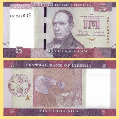 Liberia P31, $5, 5th Pres. Edward J. Roye / woman harvesting rice UNC see w/m - Image 1 of 2