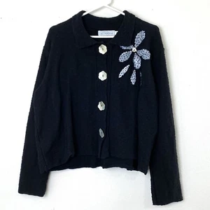 Vintage Willow Womens Black Cardigan Sweater Large Flower Embellishments Artsy - Picture 1 of 12