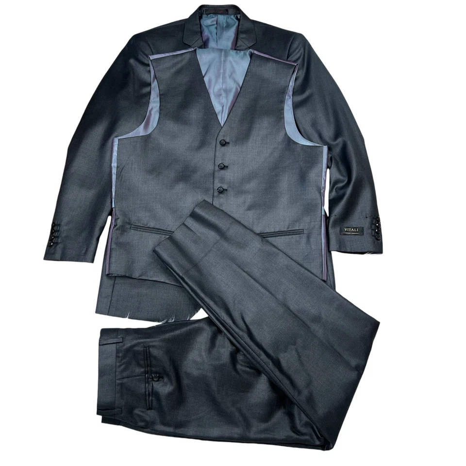Vitali Men 3PC Suit 38R Pants 32x30 Vest Charcoal Sheen Soft Fabric Unhemmed - Image 1 of 4