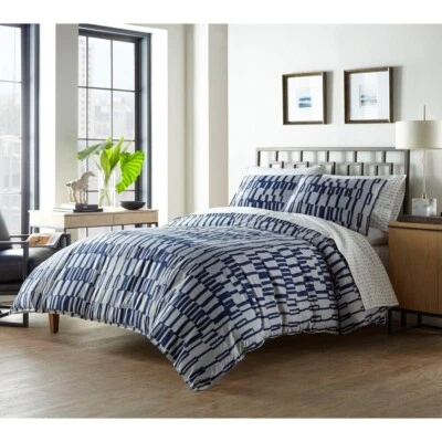 Full/Queen Bisman Navy Duvet Set, Polyester Geometric, City Scene - Image 1 of 4