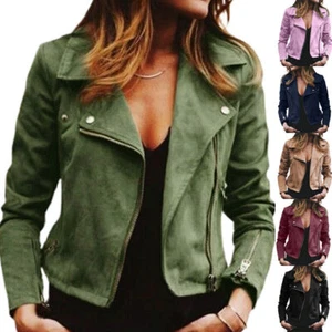 ﹒Women Biker Jacket Top Slim Ladies Faux Pu Leather zip Formal coat Plus Size - Picture 1 of 16