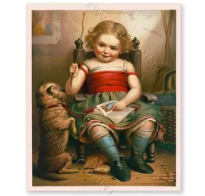 1869 Vintage Stil helles kleines Lehrerkind mit Hund Poster 16x24 oder 24x36 - Bild 1 von 2