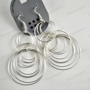 BIG 4"long MULTIPLE HOOP EARRINGS silver plated CHANDELIER INTERLOCKING HOOPS - Picture 1 of 3