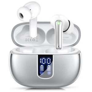 Wireless Earbuds Bluetooth 5.3 Headphones 48H LED Case Mic IP7 Waterproof Silver - Picture 1 of 2