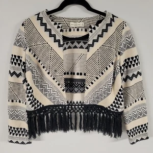 Abercrombie & Fitch M Jacket Fringe Trim Cream Black Woven Bohemian Aztec - Picture 1 of 11