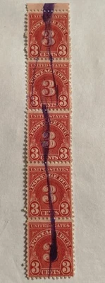 US 3 Cent Postage Due Stamps, used, Vintage, 5 count stip - Image 1 of 2