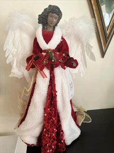 Black African Christmas Angel Tree Topper Figure 16” Red White Feather Wings - Picture 1 of 6