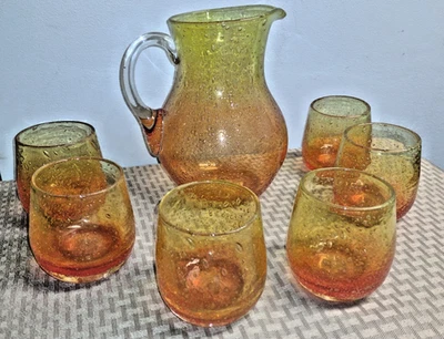 ¿Biot vintage hecho a mano? Jarra de vidrio burbuja Francia naranja/amarillo + vasos Foto 1 de 4