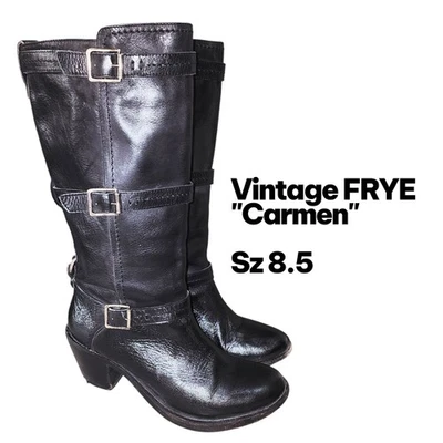 FRYE CARMEN 8.5 复古黑色仿旧皮革西跟女牛仔波西米亚靴 — 第 1/4 张图片