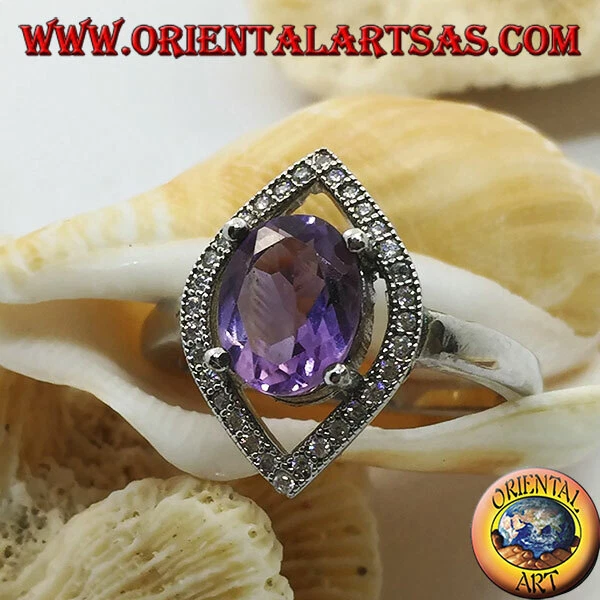 Anello in argento 925 ‰ a navetta ametista naturale ovale incastonata e zirconi - Immagine 1 di 1