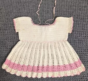 Vtg Hand Crochet Dress Baby Girl Infant Clothing Handmade Pink White Stains - Picture 1 of 12