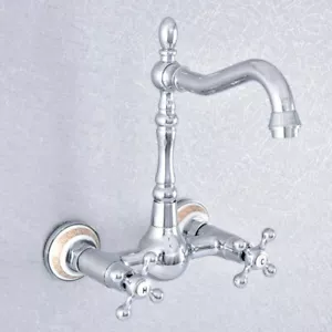Polished Chrome Bathroom Kitchen Dual Cross Handles Sink Faucet Wall Mount - Bild 1 von 7