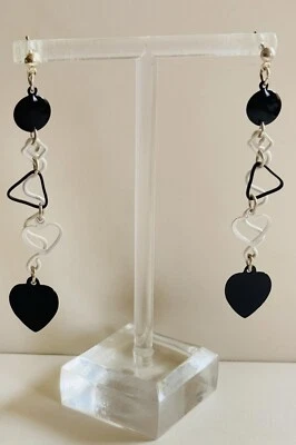 VTG Modernist Earrings statement dangle Pierced Enamel Heart Tassel Black 1980s - Image 1 of 4