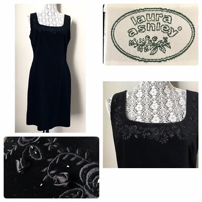 Vtg Laura Ashley Velvet Black Dress 10 Beaded Embroidered Wiggle - Image 1 of 4