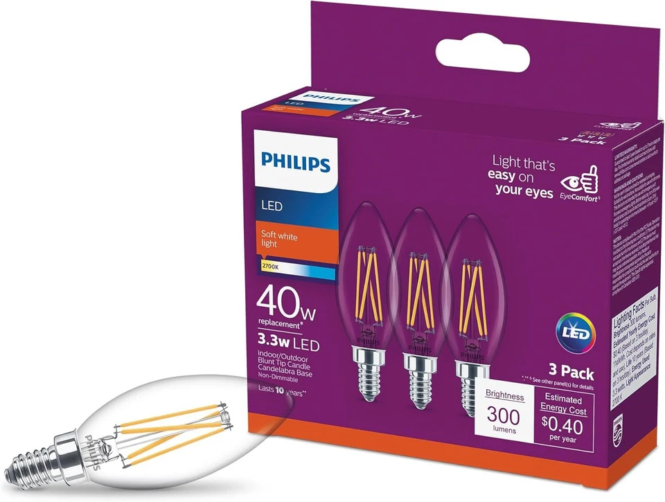 Philips LED 3.3w LED Soft White Light Blunt Tip E12 Candelabra Base 40W - 3 Pack - Image 1 of 1