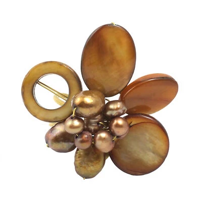 Modern Chic Gold Colored Pearl and Brown Seashell Cluster Brass Statement Ring - Image 1 of 4