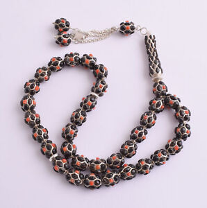 Red & Black Coral & sterling silver Islamic inlaid prayer beads,muslim Tasbih