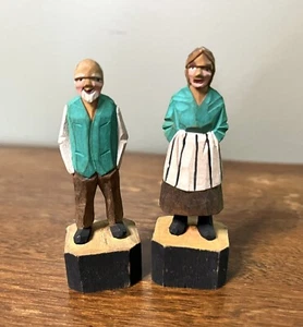 Vintage R. Audet Mini Man & Woman Hand Carved Wood Figures Figurines Square Base - Picture 1 of 7