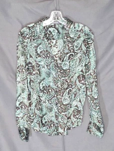 Liz Claiborne - Brown & Green Paisley Print Long Sleeve Silk Button Up Blouse 14 - Picture 1 of 2