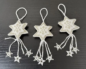 Beautiful Handmade Beaded Set Of 3 White Snowflake Tassel Christmas Ornaments - Picture 1 of 8
