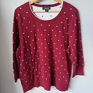 Lands End Polkadot Crew Neck Sweater Plus Size 1X Womens Maroon/red Holiday - Picture 1 of 8