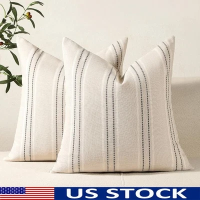 Linen Striped Decorative Throw Pillow Covers Set of 2 Rustic Home Decor New - Image 1 of 4