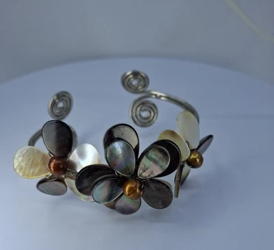 Vintage Handmade Floral Artisan Bracelet Shells & Pearls  - Image 1 of 4