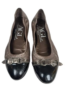 AGL Ballet Flats Leather Black Brown Patent Toe Buckle WOMENS EU 38.5 Shoes - Picture 1 of 7