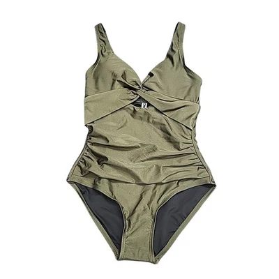 Traje de baño de una pieza con recorte torcido delantero DKNY para mujer talla pequeña verde traje de baño Foto 1 de 4